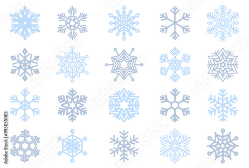 雪の結晶のパターンイラストセット（水色）