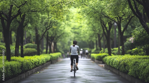 Wallpaper Mural Person rides bicycle along tree-lined path in a serene park setting. Torontodigital.ca