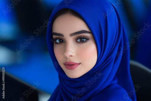 Elegant Woman in Blue Hijab Showcasing Modern Fashion Trends. Generative AI