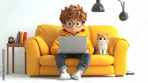 Cute Boy Working on Laptop ...