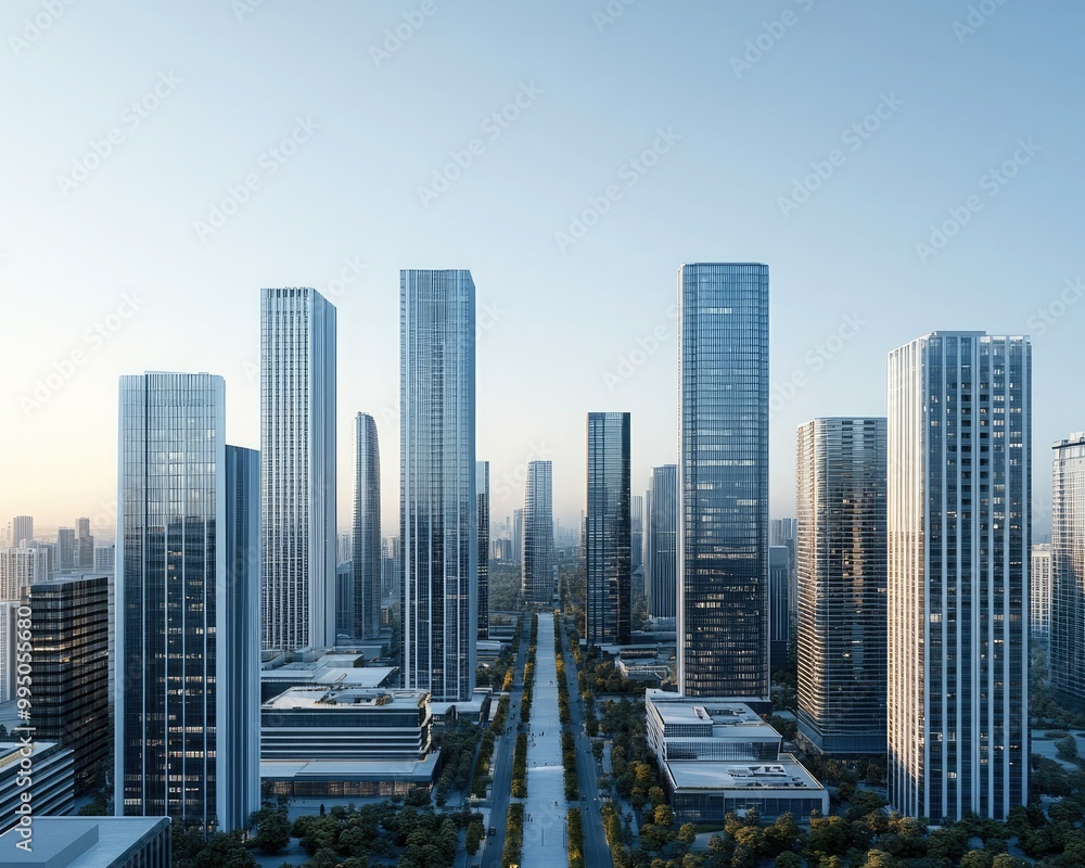 A modern skyline featuring tall glass skyscrapers, a clear sky, and a tree-lined avenue, showcasing urban architecture and city planning. A modern skyline featuring tall glass skyscrapers, a clear sky, and a tree-lined avenue, showcasing urban architecture and city planning.