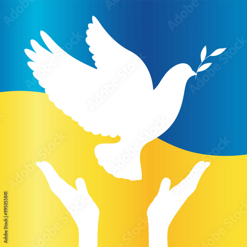 Vector white dove of peace on the background of the flag of Ukraine. Symbol of peace and freedom. Support for Ukraine. International Peace day banner card design