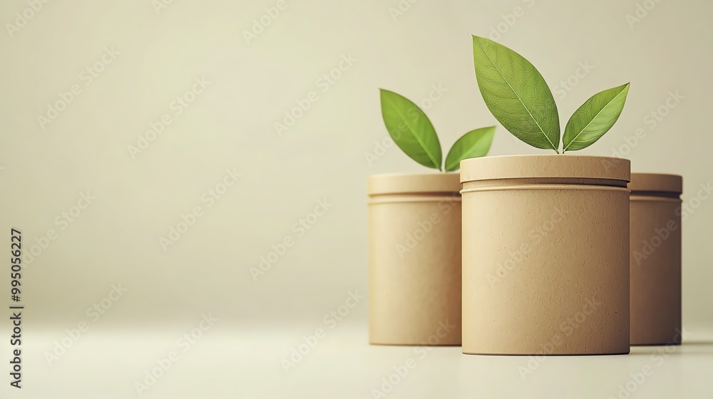 Pots with green plants on a light background, showcasing sustainable growth. Pots with green plants on a light background, showcasing sustainable growth.