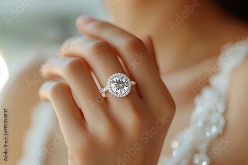 Elegant Woman's Ring Finger Wearing Luxurious Diamond Jewelry suitable for business background, posters, wallpapers, banners, greeting cards, generative ai