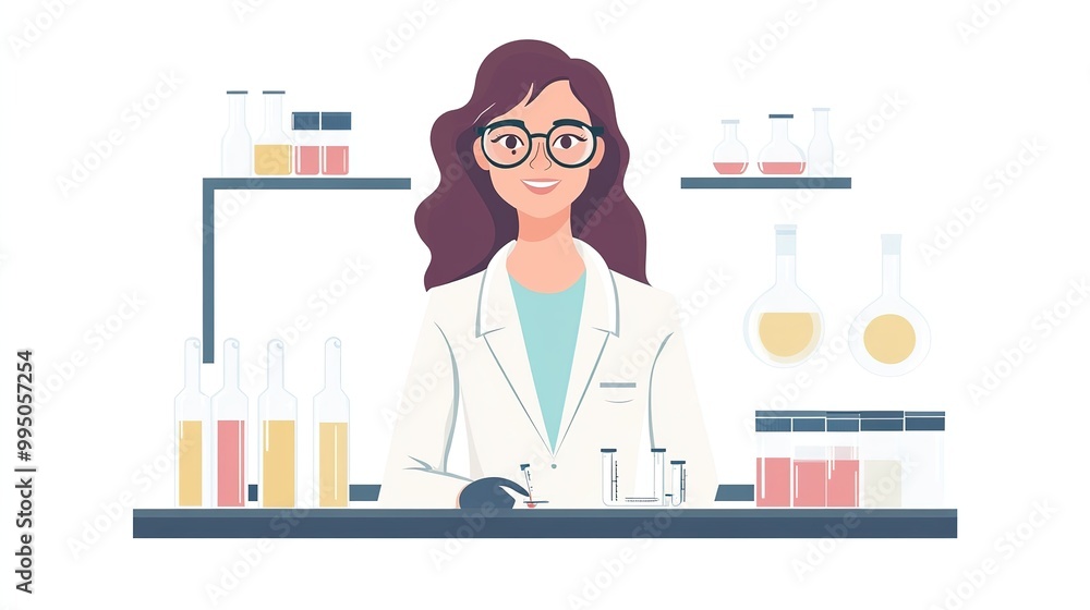 A female scientist with glasses, in the laboratory experiments, vector illustration, white background A female scientist with glasses, in the laboratory experiments, vector illustration, white background