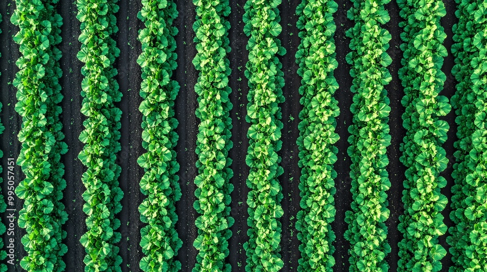 Rows of vibrant green lettuce leaves growing in a farm. Top-down view. Rows of vibrant green lettuce leaves growing in a farm. Top-down view.
