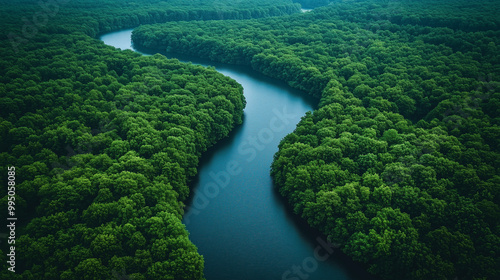 Aerial View of Serpentine River Through Lush Forest Landscape