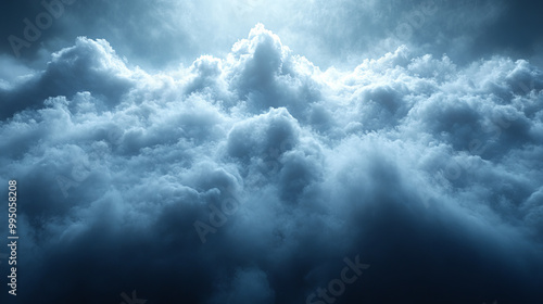 Dramatic sky with bright light shining through dark clouds.