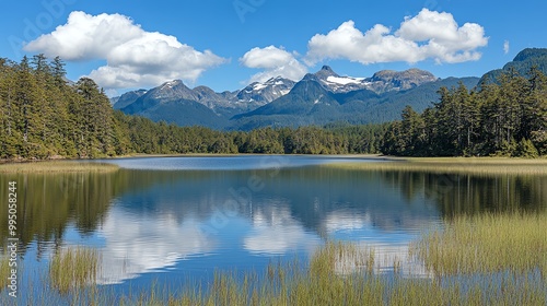 Scenic lake surrounded by mountains and lush greenery under a clear blue sky.