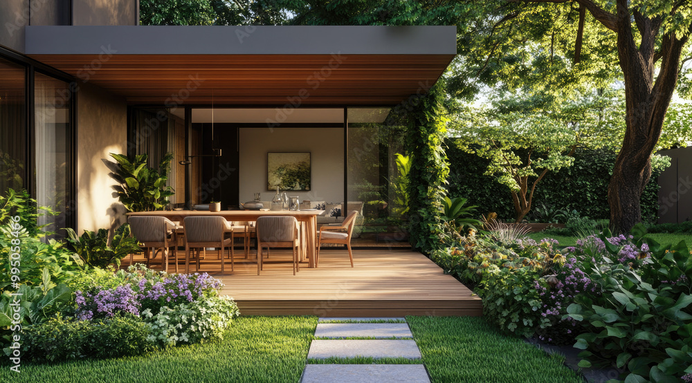 A modern garden with a wooden terrace and dining area, surrounded by lush greenery and flowers. A modern garden with a wooden terrace and dining area, surrounded by lush greenery and flowers.