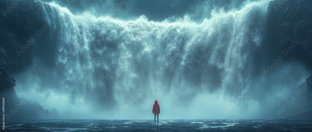 Person in Red Jacket Facing a Majestic Cascading Waterfall Person in Red Jacket Facing a Majestic Cascading Waterfall