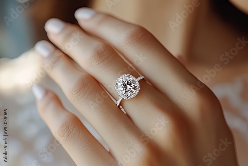 Elegant Woman's Ring Finger Wearing Luxurious Diamond Jewelry suitable for business background, posters, wallpapers, banners, greeting cards, generative ai