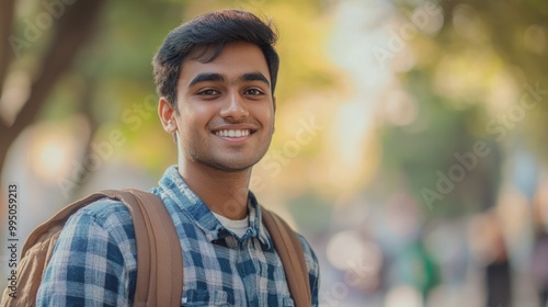 Smiling Student in Park, Casual Outfit