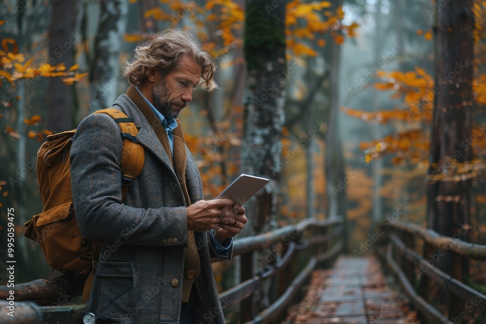 Fototapeta premium Man with tablet in autumn forest