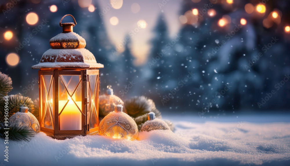 Lantern on the background of the winter forest. Christmas background. Lantern on the background of the winter forest. Christmas background.