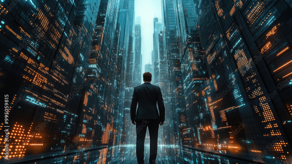 Fototapeta premium businessman stands in futuristic cityscape filled with towering skyscrapers and glowing digital elements, symbolizing merging of technology and corporate innovation