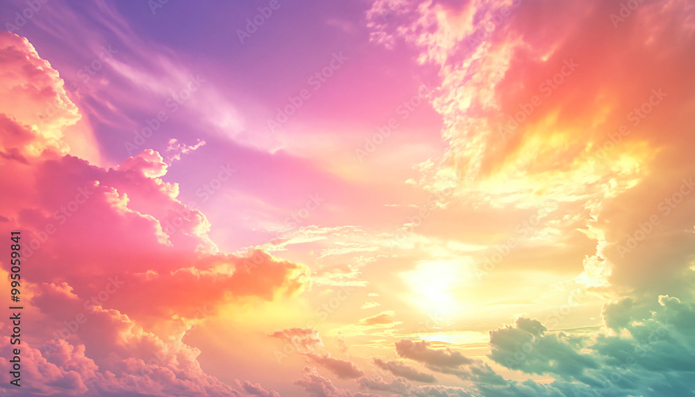 Obraz premium A dreamy sky transitioning from a golden sunset to a full spectrum of rainbow colors, giving off a vibrant yet calming feel