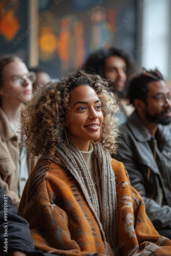 Fototapeta premium Woman in a brown poncho smiles in a group