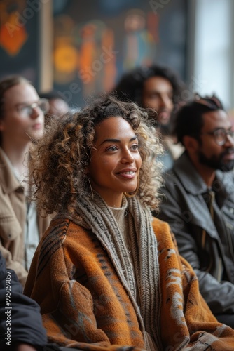 Woman in a brown poncho smiles in a group