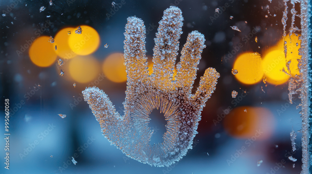 Frost covered glass with faint human handprint symbolizes beauty of winter. intricate frost patterns and warm bokeh lights create captivating contrast Frost covered glass with faint human handprint symbolizes beauty of winter. intricate frost patterns and warm bokeh lights create captivating contrast