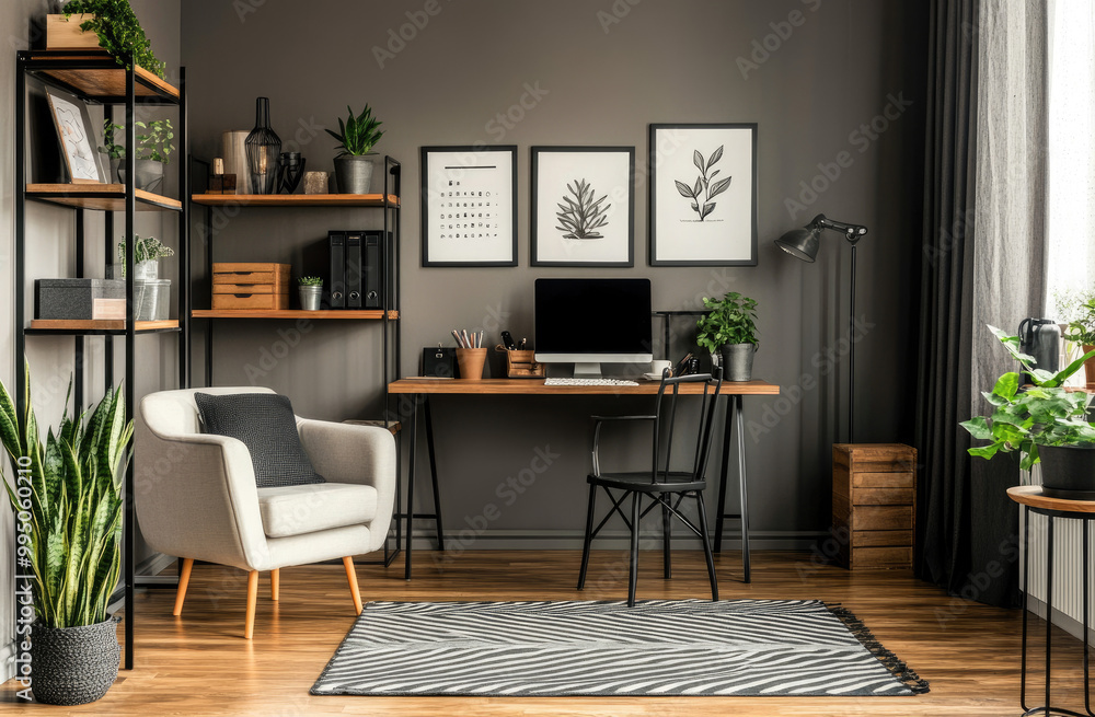 Fototapeta premium A stylish home office with gray walls, wooden flooring, and black furniture, featuring an oil painting on canvas of plants in the background
