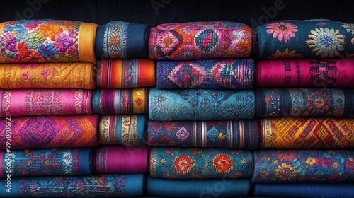 A stack of colorful textiles with intricate patterns.