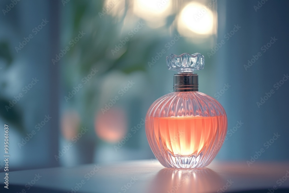 A Glass Bottle of Perfume with a Light Pink Liquid Inside on a White Table A Glass Bottle of Perfume with a Light Pink Liquid Inside on a White Table