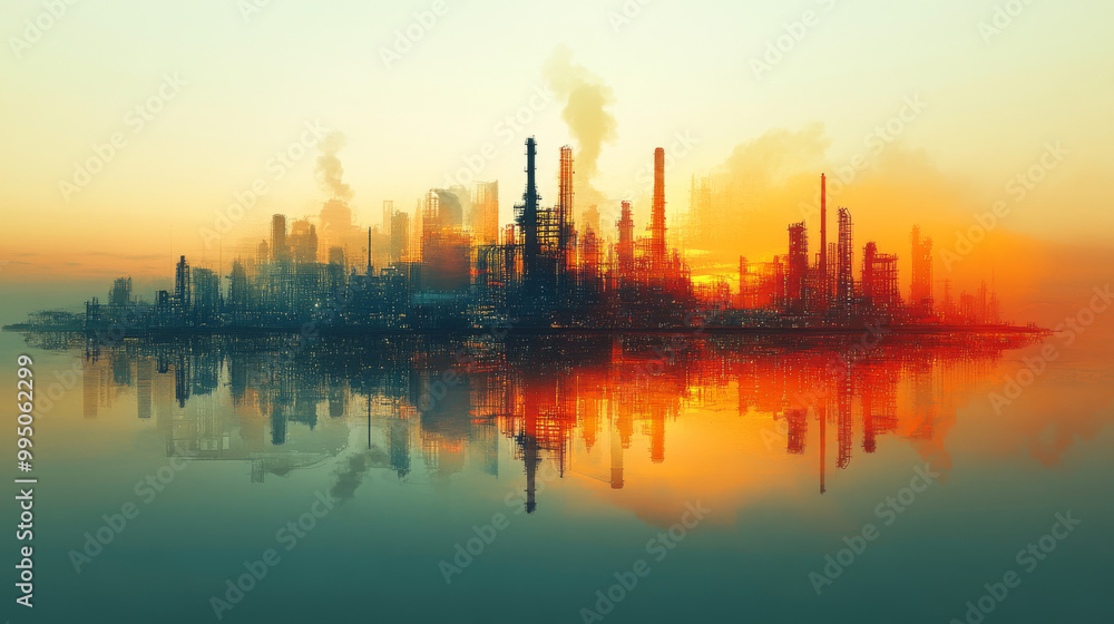 Fototapeta premium A city skyline with tall buildings, a reflection in the water.