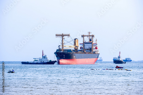 oil transport ship at the port industry in export logistics and international shipping by containers