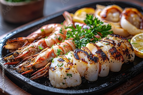 Grilled seafood platter featuring shrimp, squid, and scallops, garnished with herbs and lemon slices, perfect for gourmet dining. photo