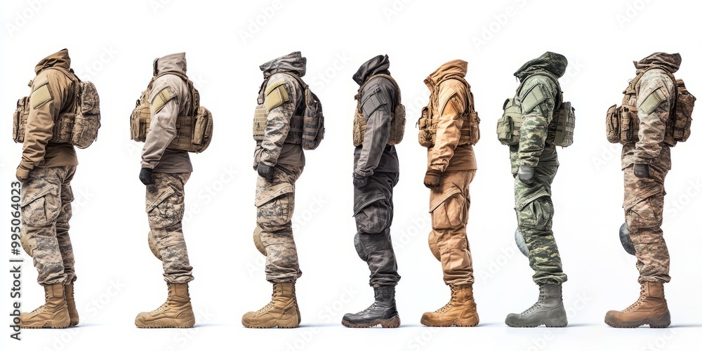 Diverse military uniforms in profile view Diverse military uniforms in profile view