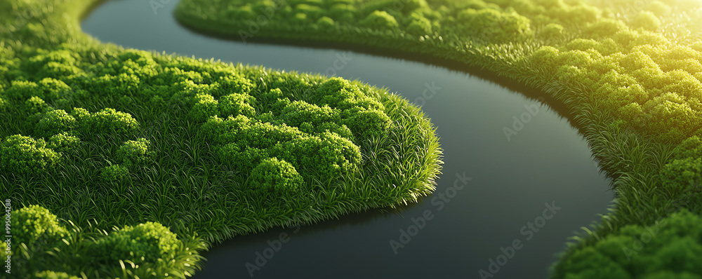 Estuary eco system, diverse biodiversity where rivers meet the sea, 3D illustration Estuary eco system, diverse biodiversity where rivers meet the sea, 3D illustration