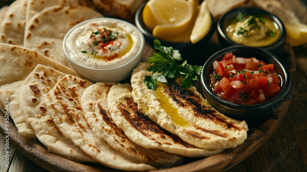 Delicious platter of fresh flatbread served with creamy hummus, vibrant salsa, and tangy lemon for a delightful meal. Delicious platter of fresh flatbread served with creamy hummus, vibrant salsa, and tangy lemon for a delightful meal.