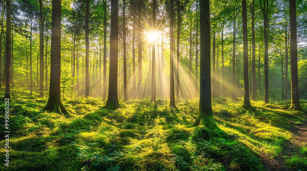 Fototapeta premium Sunlight filtering through a lush forest, creating a serene and magical atmosphere.