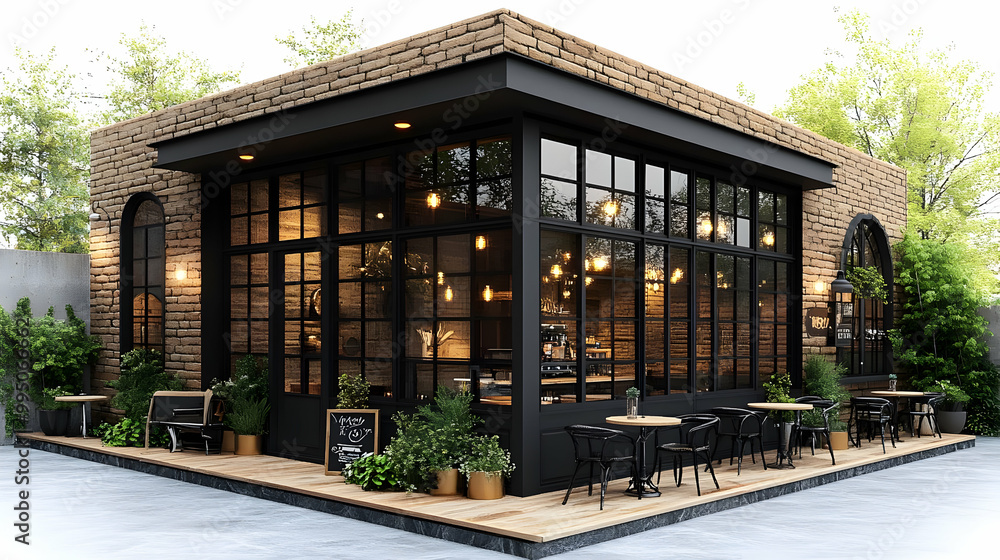 Modern Cafe Design: Brick Exterior with Glass Walls and Outdoor Seating
