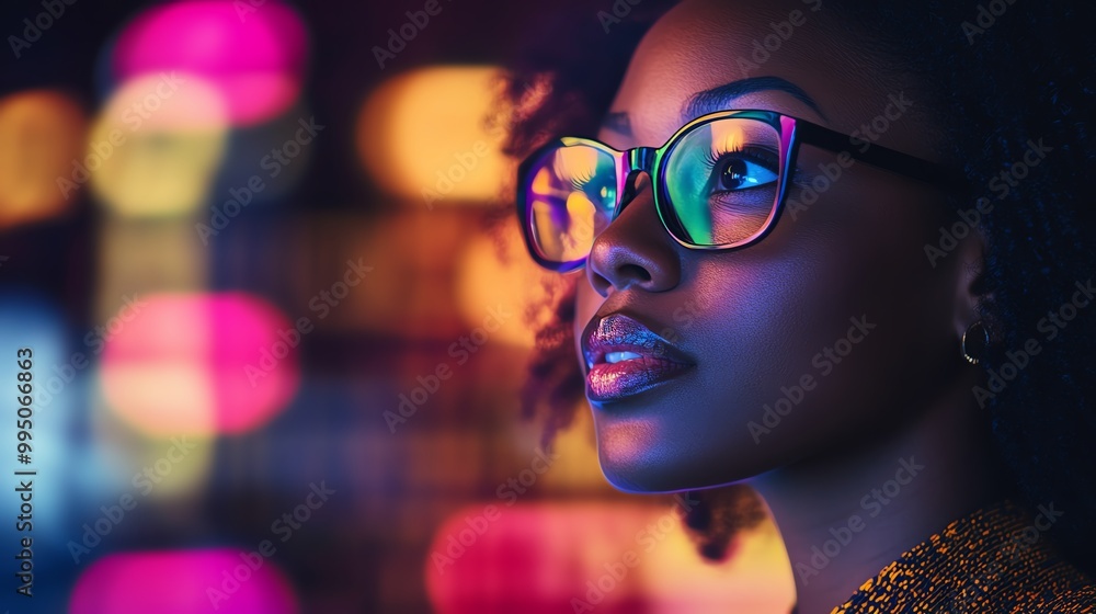 Thoughtful woman with glasses against a colorful blurred background. Thoughtful woman with glasses against a colorful blurred background.
