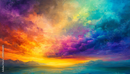 A dreamy sky transitioning from a golden sunset to a full spectrum of rainbow colors, giving off a vibrant yet calming feel