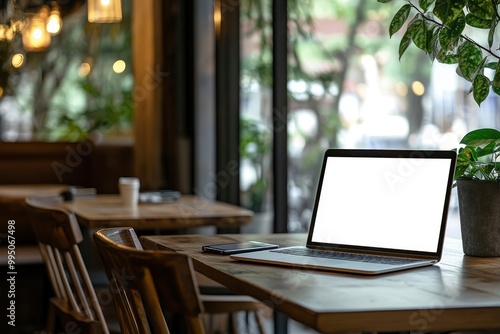 Wallpaper Mural Laptop computer blank white screen and mobile on table in cafe .generative ai Torontodigital.ca