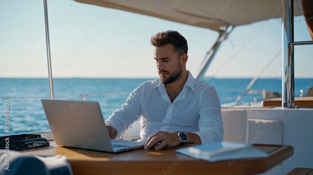 A man working on a laptop aboard a yacht, enjoying the serene sea view in a sunny environment, combining work with leisure. A man working on a laptop aboard a yacht, enjoying the serene sea view in a sunny environment, combining work with leisure.