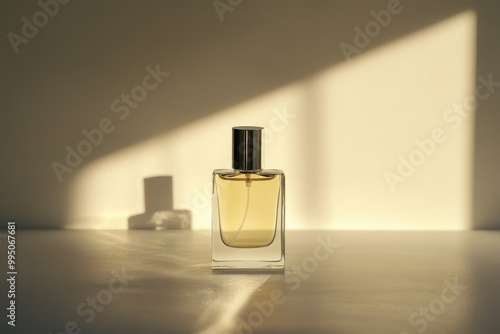A Single Perfume Bottle in Sunlight, Casts a Shadow on a White Surface
