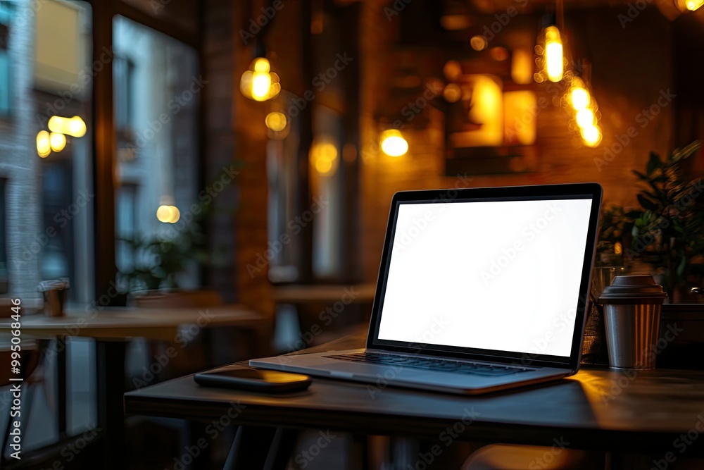 Laptop computer blank white screen and mobile on table in cafe .generative ai Laptop computer blank white screen and mobile on table in cafe .generative ai