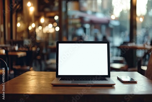 Laptop computer blank white screen and mobile on table in cafe .generative ai