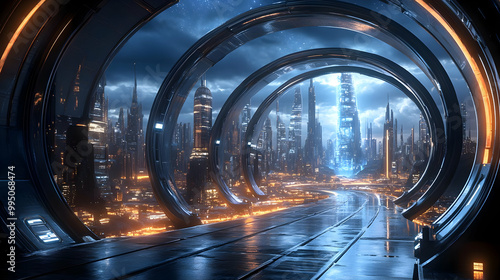 Futuristic Cityscape Viewed Through Circular Frames