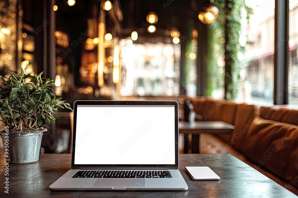Laptop computer blank white screen and mobile on table in cafe .generative ai Laptop computer blank white screen and mobile on table in cafe .generative ai
