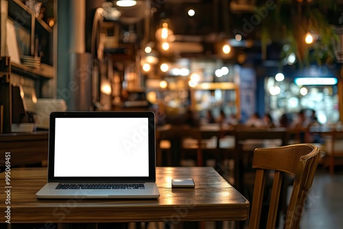 Laptop computer blank white screen and mobile on table in cafe .generative ai