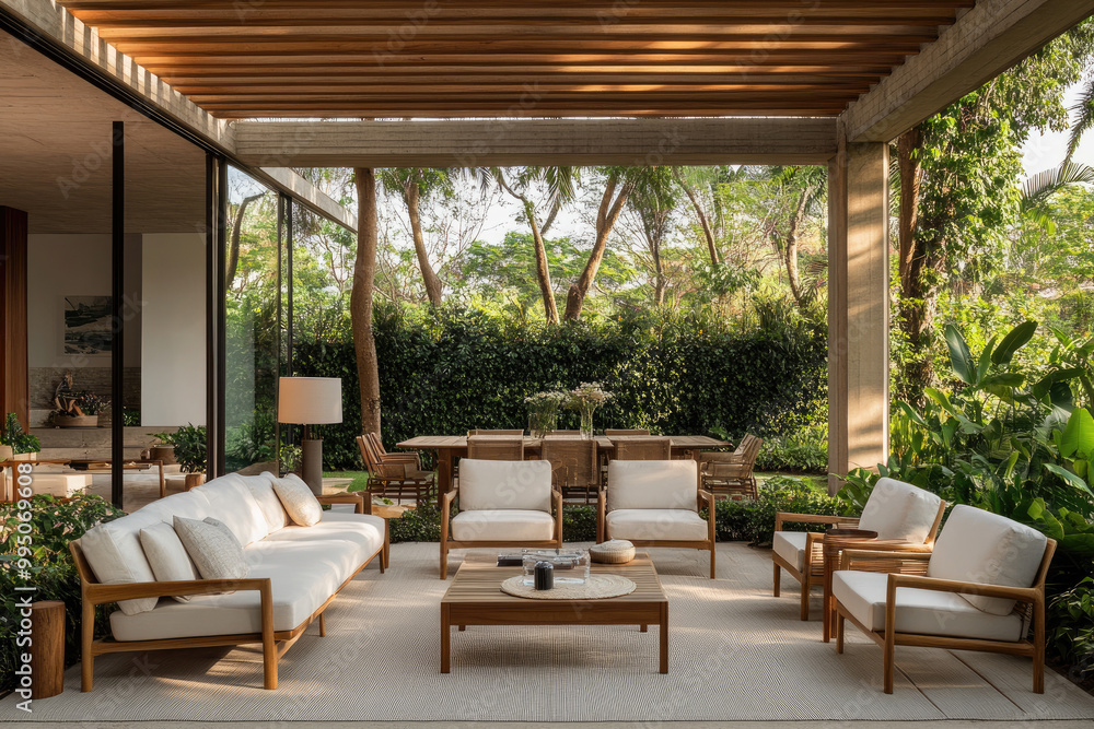 Fototapeta premium A modern outdoor seating area with wooden furniture, white sofas, and beige chairs under a covered deck.