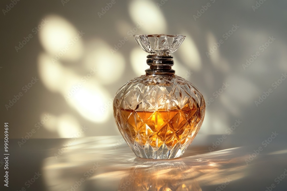 A Crystal Perfume Bottle with a Golden Liquid Inside, Illuminated by Light Casting Shadows on a Surface A Crystal Perfume Bottle with a Golden Liquid Inside, Illuminated by Light Casting Shadows on a Surface