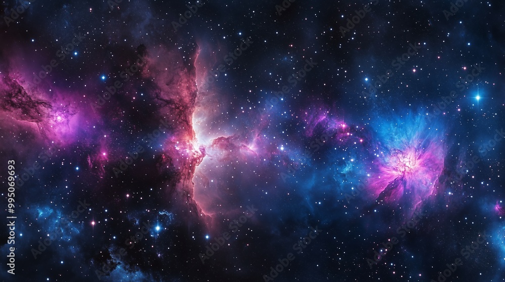 Naklejka premium A stunning cosmic view features twinkling stars and vibrant nebulae against a deep blue canvas.
