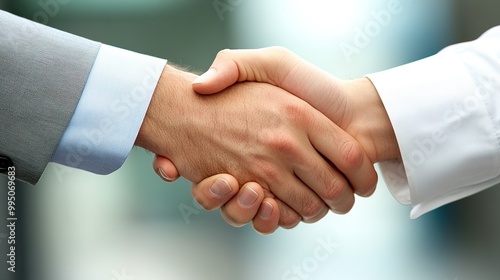 A close-up of two hands shaking, symbolizing agreement, collaboration, or partnership in a professional context.