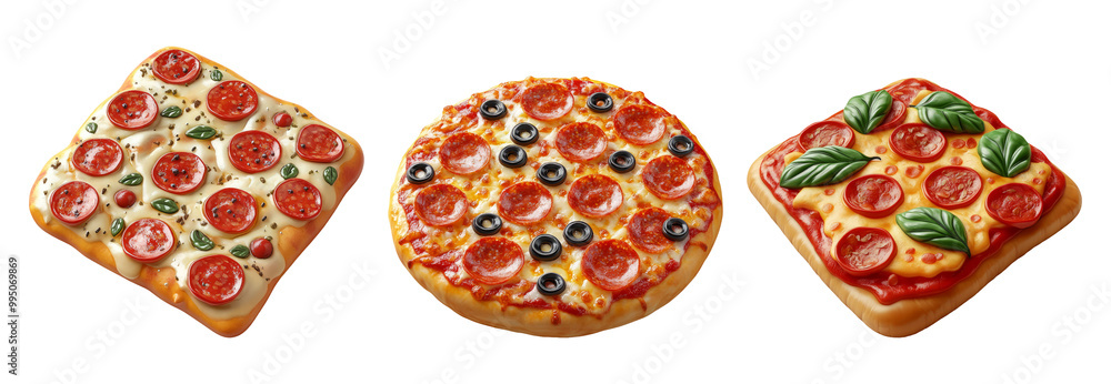 Three varieties of delicious pepperoni pizza slices Three varieties of delicious pepperoni pizza slices